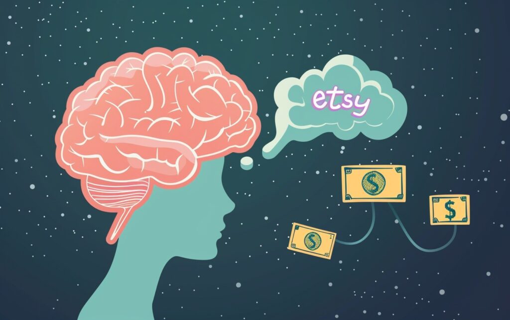 Cartoon brain being tempted by Etsy sale with flashing coupon code