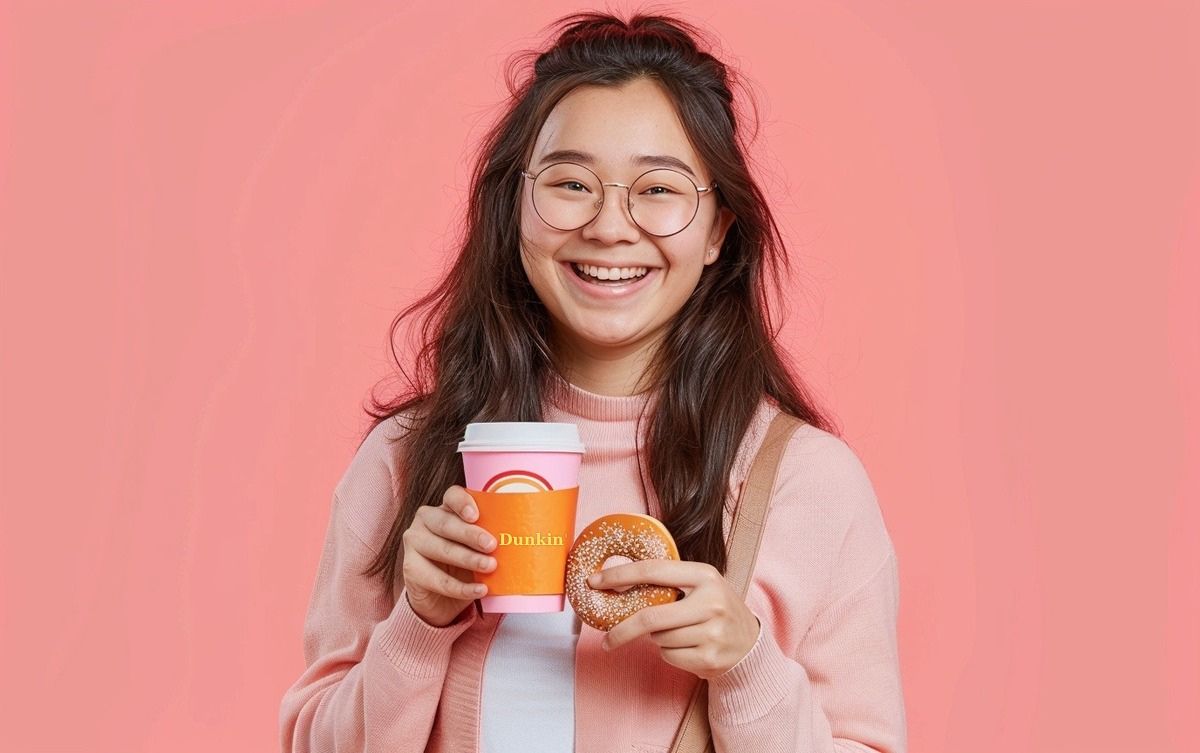 Illustration: A Dunkin' customer happily enjoys food