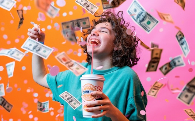 Illustration A Dunkin' lover celebrates their Dunkin' Savings with a cup of coffee