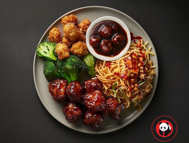 Illustration: A Panda Express plate with a balanced selection of entrees and sides