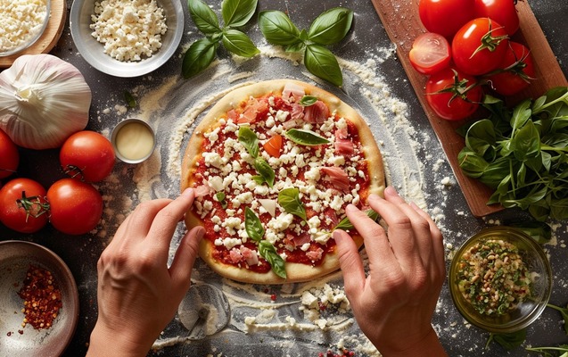 Illustration: A Papa Murphy's employee assembling a pizza with fresh ingredients