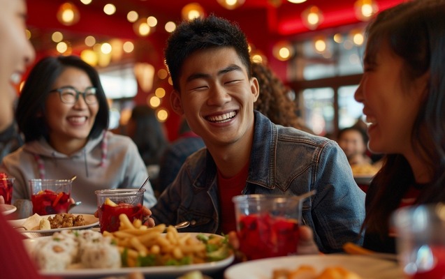 Illustration: People enjoying Panda Express holiday meal together