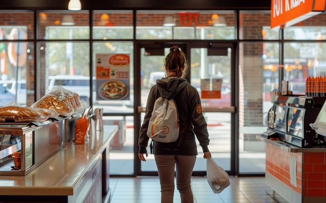 Illustration: Person leaving Little Caesars with a Hot-N-Ready Lunch Combo