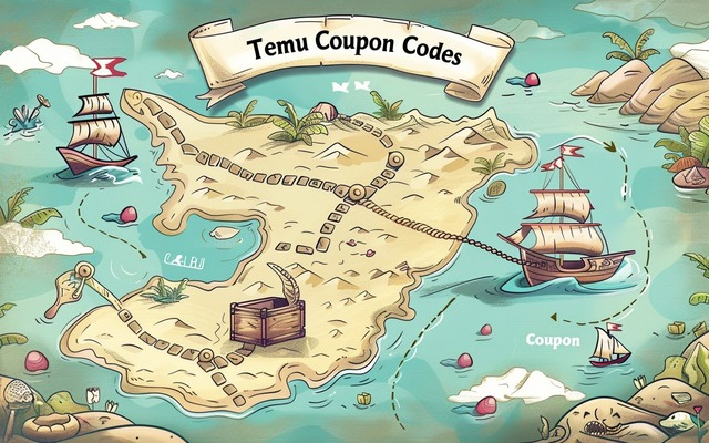 Illustration: Treasure map leading to Temu coupon codes.