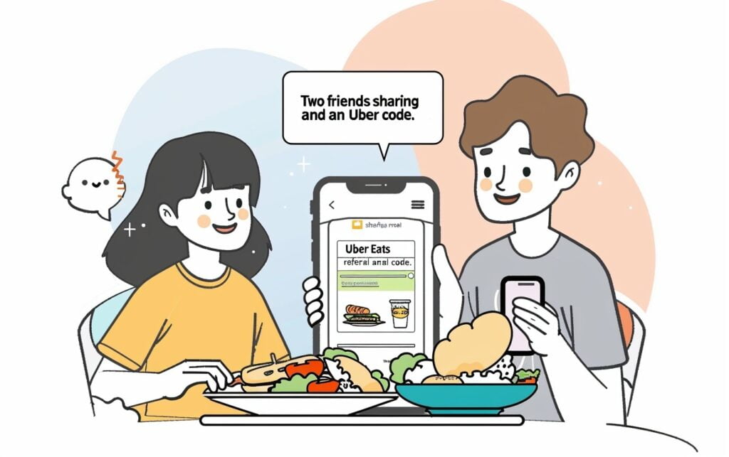 Illustration of two people sharing a meal, one holding a phone with the Uber Eats referral code visible. Alt text Two friends sharing a meal and an Uber Eats referral code.