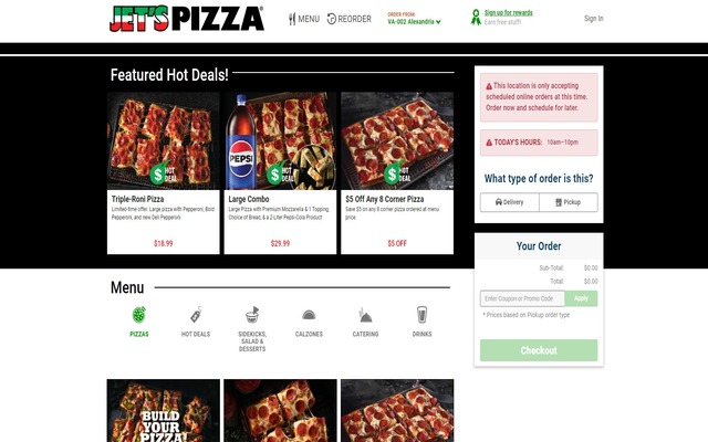 Jet's Pizza website showing current promotions and deals