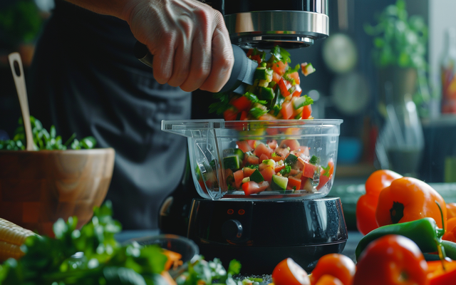 KitchenAid mini food processor in action, chopping vegetables