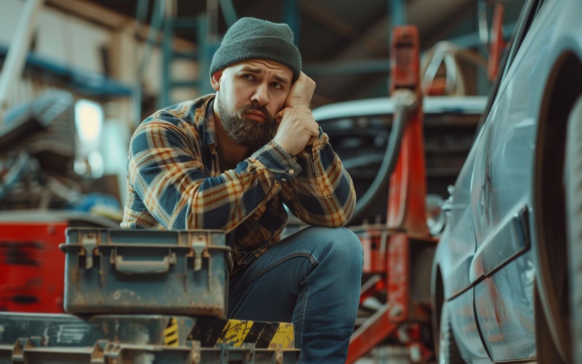 Mechanic looking frustrated with a toolbox next to a car