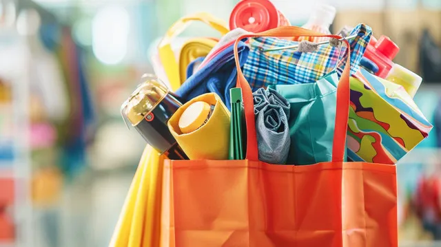 Overflowing Bed Bath & Beyond shopping bag with colorful items