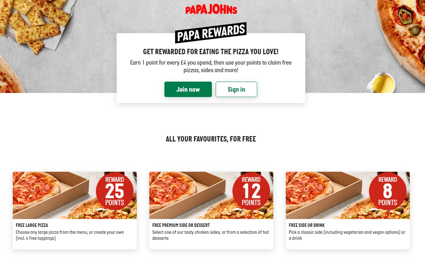 Papa Johns website with highlighted promotions section