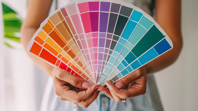 Person choosing paint colors from a fan deck