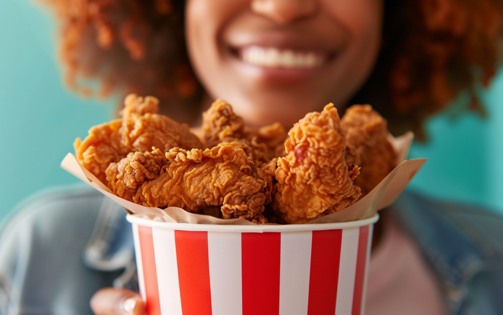 Person holding KFC bucket with coupons