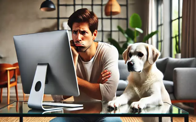 Person looking frustrated at computer screen with dog beside them, likely missing out on Rover coupon savings