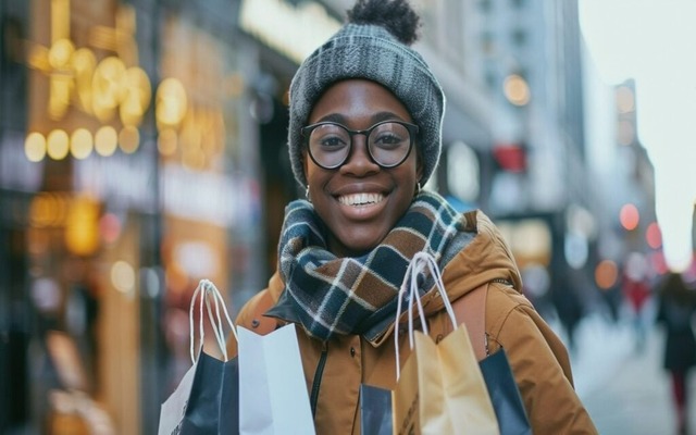 Person smiling while holding American Eagle shopping bags