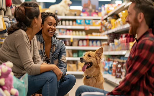 Pet owners having a friendly conversation at Pet Supplies Plus.