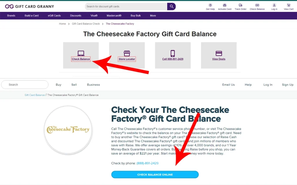 Screenshots showing how to check a Cheesecake Factory gift card balance on Raise and GiftCardGranny