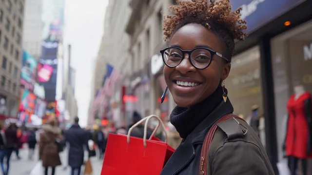 Shopper smiling in front of Macy's with bags, showcasing the success of discount stacking