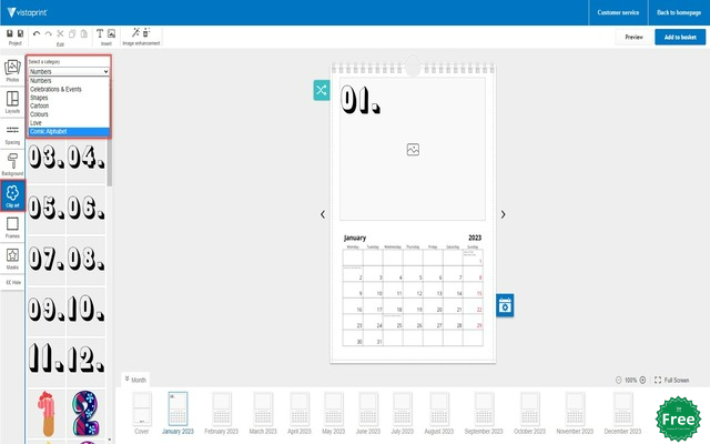 VistaPrint's design tool interface with templates, clip art, and fonts