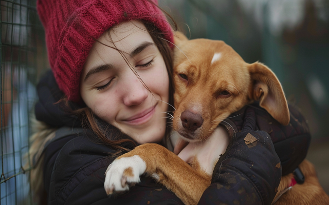 Volunteer showing love to a pet at an animal shelter