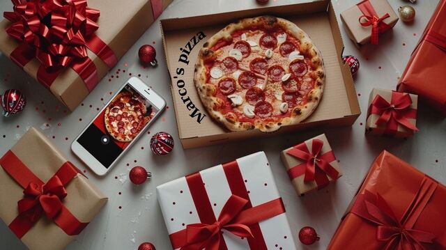 illustration: Marco's Pizza box, smartphone with app, and gift boxes