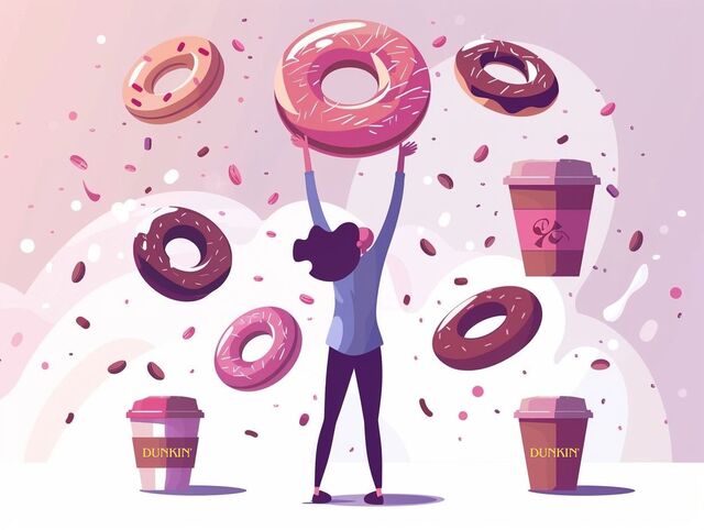 illustration: a person juggling a Dunkin' donut and a cup of coffee