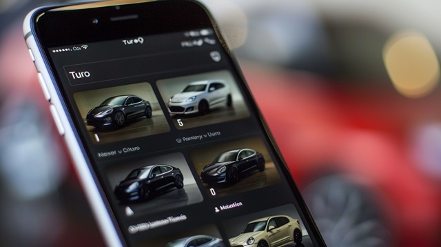 A close-up of a Turo app screen showing various car listings and prices.