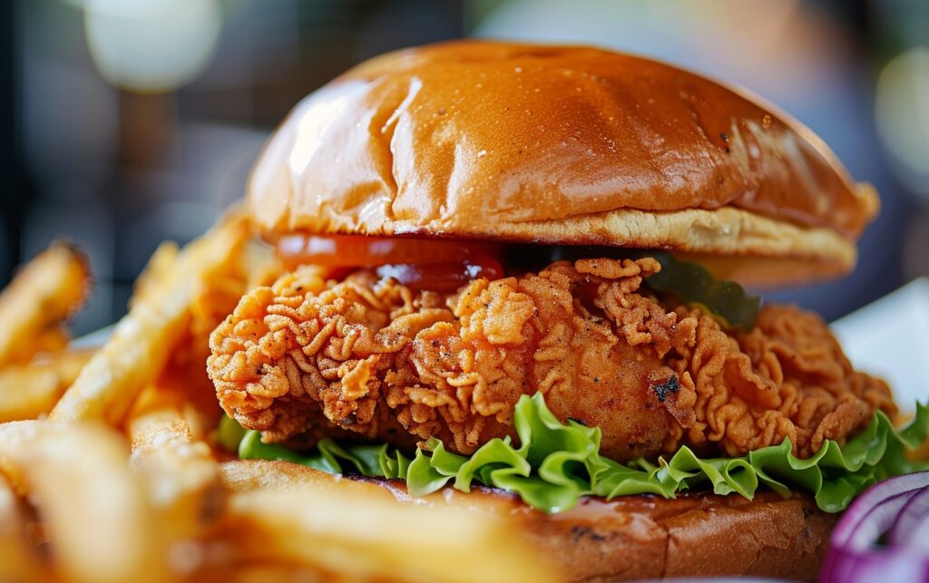 A close-up shot of a golden-brown fried chicken sandwich with a side of fries, enticing readers to take advantage of the National Fried Chicken Day offers