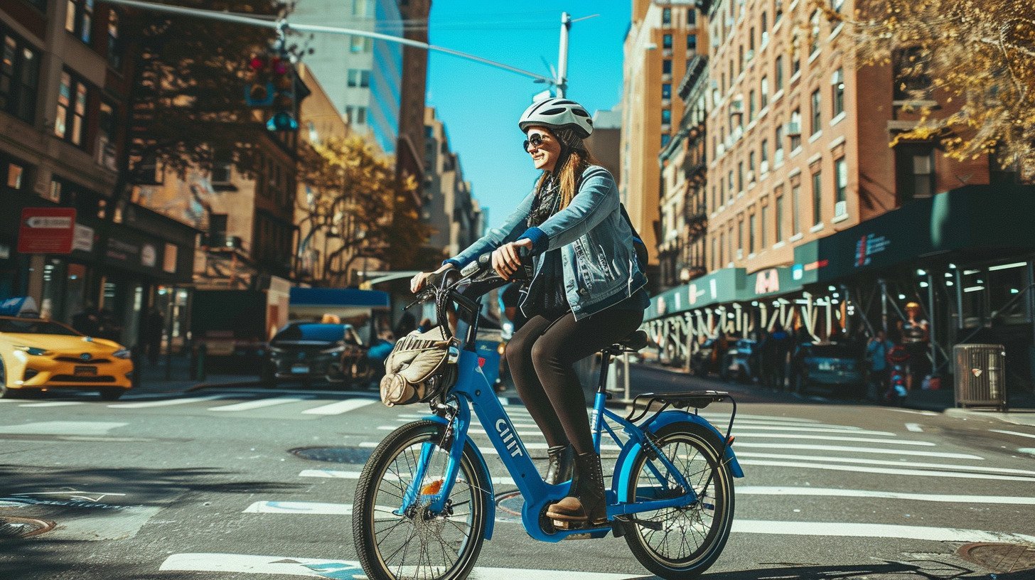 A person riding a Citi Bike electric bike in New York City