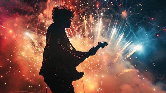 Person-playing-an-electric-guitar-on-stage-bathed-in-the-light-of-a-fireworks-display